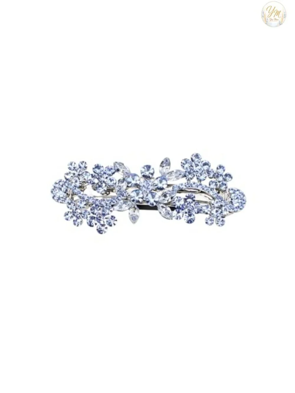 Light Blue Rhinestone Crystal Flower Hair Barrette Clip Rhodium Plated Alloy